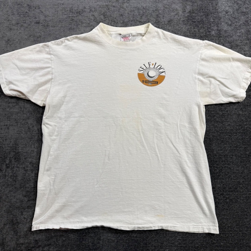 Vintage Oneita Power-T Channell Self-Lock Graphic T-Shirt Mens XL White 90s